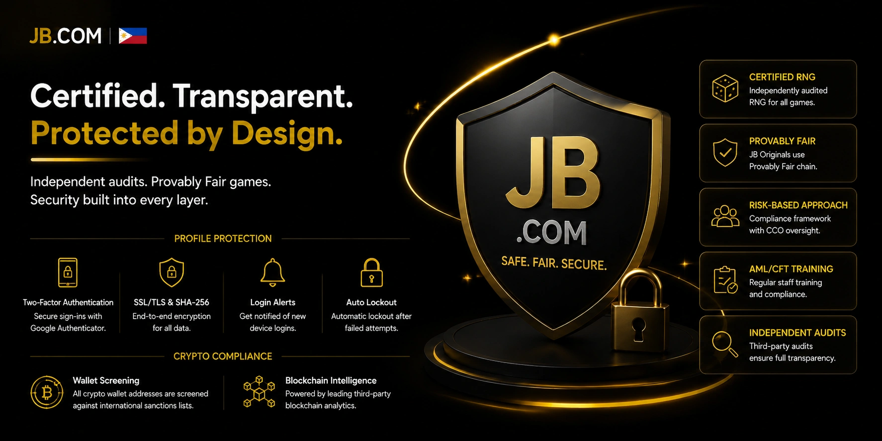 JB.COM Philippines safe fair secure RNG audits lock shield
