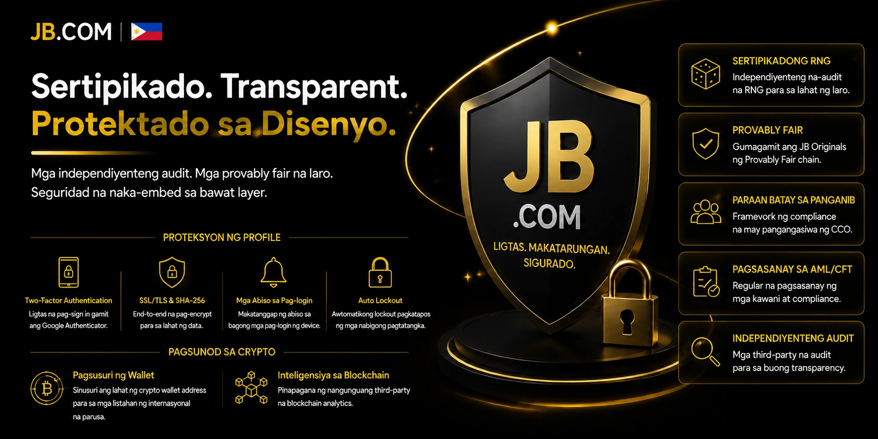 JB.COM sertipikado provably fair RNG AML shield at lock